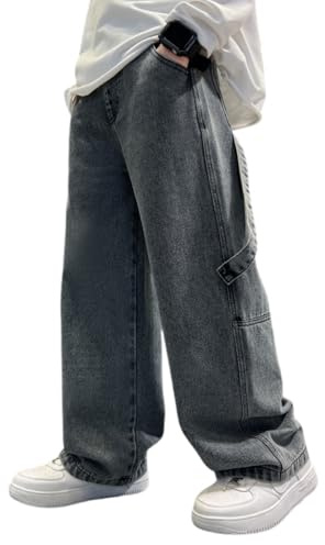 Rolanko Boys Baggy Jeans Elasticated Waist Cargo Bootleg Skater Jeans with Multipockets Vintage Streetwear Denim Pants for Kids