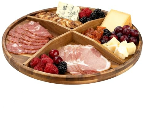 Utoplike Gran Bandeja Giratoria de Acacia para Mesa de 45 cm | Bandeja Redonda para Servir, Tabla de Embutidos con Borde Elevado y Separadores Extraíbles para Queso, Ideal para Fiestas