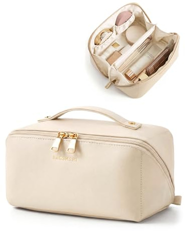 BAGSMART Large Travel Makeup Cosmetic Bag, Lay Flat, Clear Brush Pocket | PU Leather, Waterproof Make up Case, Women's Essentials, Holiday Gifts, Beige