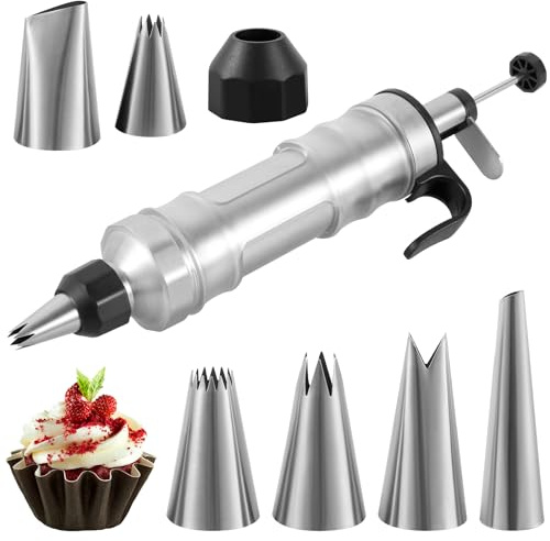 Jokapy Tortenspritze Garnierspritze Edelstahl Set, Gebäckspritze mit 6 Tüllen, Wiederverwendbare Sahnespritze für Torten, DIY Cupcake Gadgets, Profi Backspritze für Cupcakes, Kuchen, Gebäck