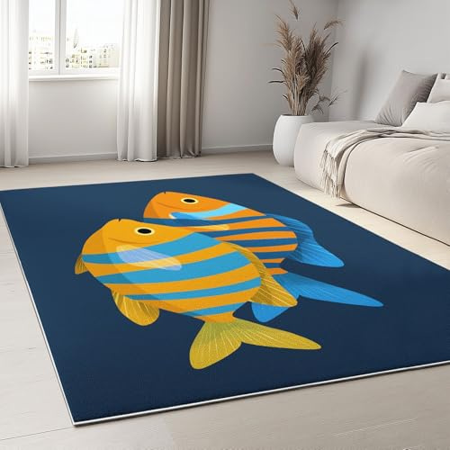 Kinderteppich Blau Minimalistisch Niedlich Gestreift Fisch 100 x 150 cm - rutschfeste Spielmatte Krabbeldecke Teppich Pflegeleicht Waschbar, Weicher Kurzflor für Schlafzimmer & Home Office
