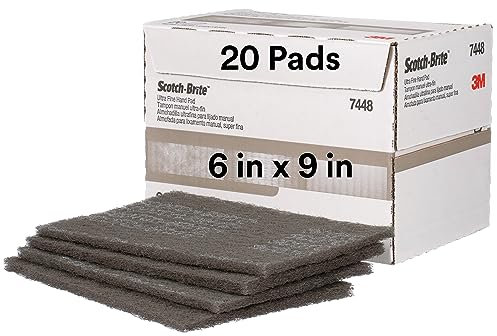 Scotch-Brite Ultra Fine Grade 7448 Hand Pad, Pack of 20, 6 in x 9 in Hand Pads, Nonwoven Silicon Carbide, Surface Preparation, Scuffing, and Cleaning, Gray