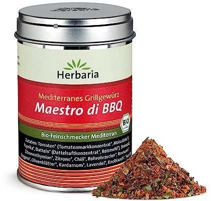 HERBARIA MAESTRO DI BBQ, Bio Grillgewürz mediterran, 70g | Mediterrane Bio Gewürzmischung, fruchtig-würzig, für Barbecue, Grillfleisch, Fisch & Grillgemüse, in der Weißblechdose