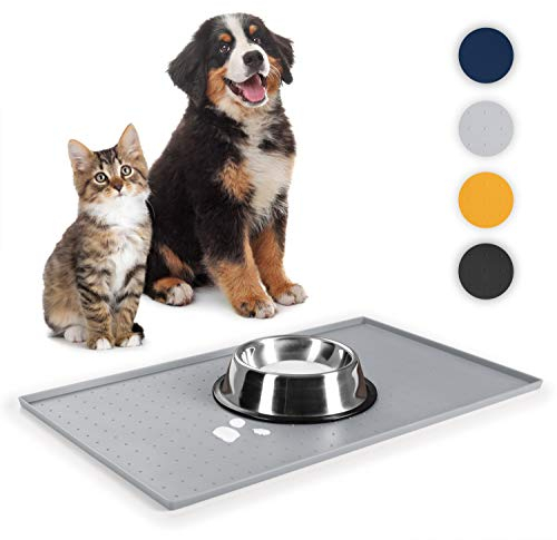 Everanimals Napfunterlage Katzen 30x50 cm - Napfunterlage Hund mit erhöhtem Rand - wasserdichte Hundenapf Unterlage - Katzenmatte aus 100% Silikon - Futternapf Unterlage - Futtermatte Hund in Grau
