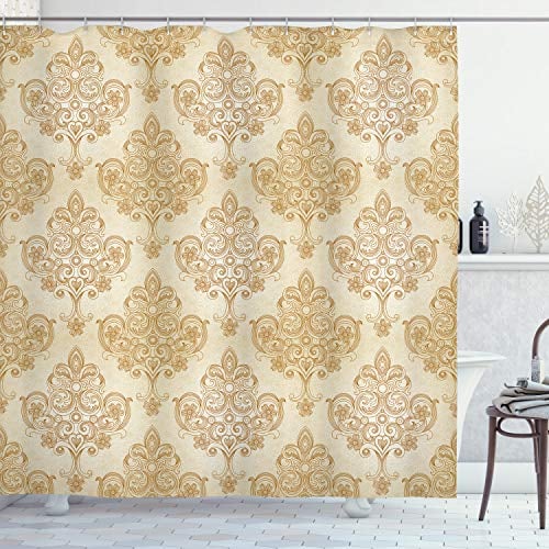 ABAKUHAUS Jahrgang Duschvorhang, Barock Curved Blumen, Stoffliches Gewebe Badezimmerdekorationsset mit Haken, 175 x 180 cm, Creme Pale Brown