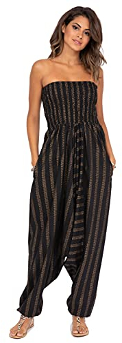 likemary Monos de harén para mujer y pantalones de harén de algodón Hareem - Maxi mameluco sin tirantes, negro dorado a rayas (Black Gold Stripes), Talla única