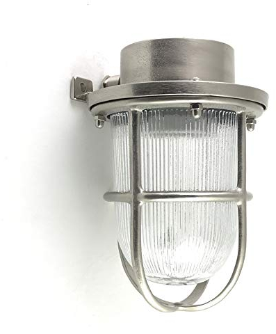 KsH y Co IP64 Lámpara náutica de exterior de latón niquelado mate con enchufe de porcelana E27 IP64