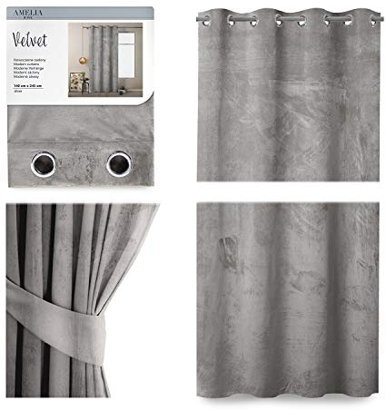 AmeliaHome Set Vorhang H 245 x B 140 cm mit Raffhalter 54 x 10 cm Velvet Optik Stahl 1 St. Ösenschal Samt Halbverdunkelungsvorhang Fensterdekoration Dekoschal Dekorvorhang