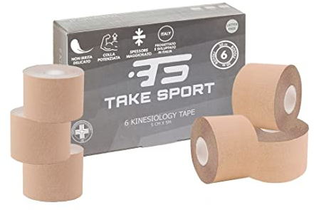 TAKE SPORT, Kinesio, Kinesio tape, Nastro kinesiologico, Tape kinesiologico, Kinesio taping. 6-12 rotoli, 5 x 5m, 95% Cotone 5% Spandex, elastico. (6 Skin)