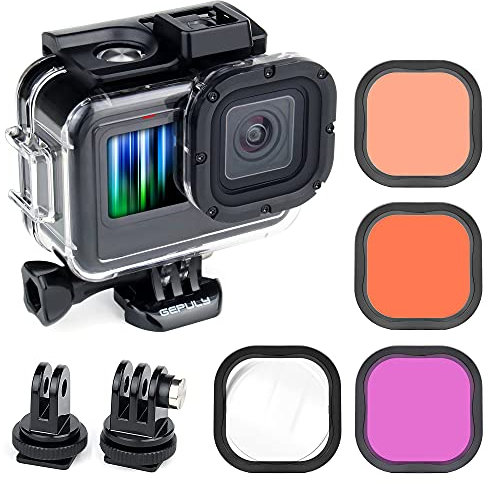 GEPULY Custodia impermeabile con filtri subacquei per GoPro Hero 9 10 11 12 nero, custodia protettiva subacquea con 3 filtri rosso, boccaglio, magenta, 5 filtri HD close-up