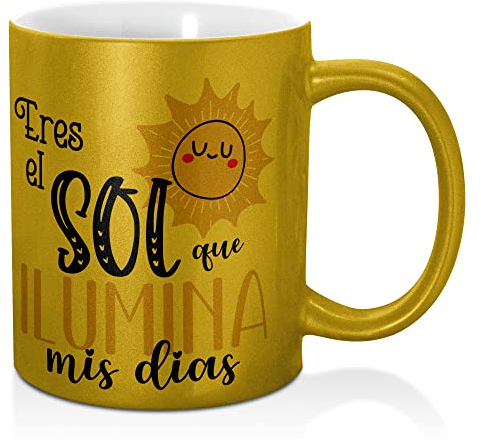 LolaPix Tazas Día de la Madre. Tazas Personalizadas. Tazas con Frases Divertidas, Motivadoreas, Positivas, Amor, Padre, Madre. Taza Ceramica 330 ml. Taza Dorada Fantasía.