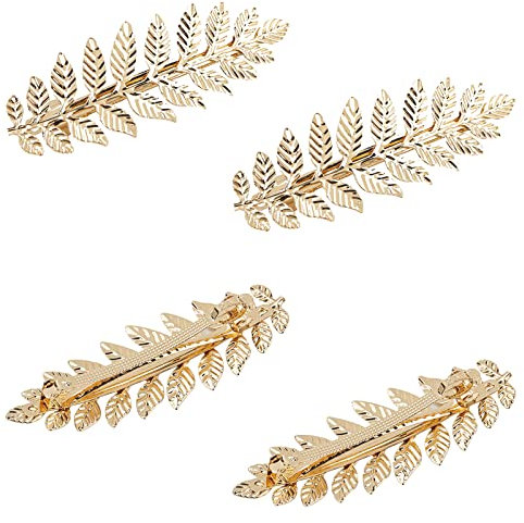 VEGCOO 4 PCS Gold Leaves Hair Clips, Vintage Roman Goddess Headdress Bride Golden Leaf Hair Barrettes Headband for Wedding Party Fashion Show