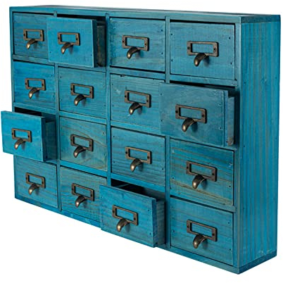 PACKGILO 16 Drawers Apothecary Cabinet with Drawers Tabletop Apothecary Chests and Cabinets Library Card Catalog Cabinet Herb Storage Box Wooden Desk Drawer Organizer Medicine Vintage Furniture (BLUE)