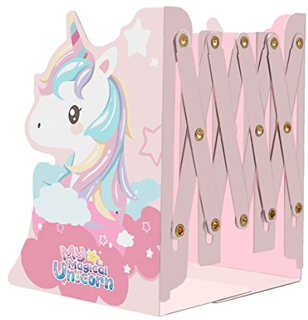 Zyners Serre-livres réglables en métal robuste pour étagères, 2 séparateurs, design antidérapant, serre-livres extensibles de style licorne pour enfants, filles, bureau, maison (48,3 cm max)