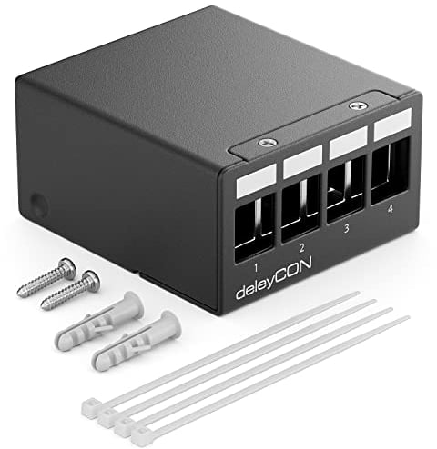 deleyCON 4 Port Patchpanel Gehäuse 1 HE für 14,9 mm x 17 mm Keystone Module mit z.B. RJ45 Koaxialstecker BNC F-Stecker Antennenstecker RJ-11 Cinch Klinke USB Toslink PS2 HDMI - Schwarz