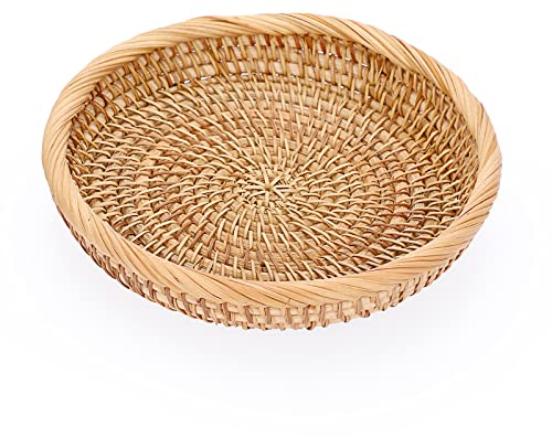 IGNPION Round Rattan Woven Serving Tray 19cm Coffee Table Decorative Display Tray Living Room Desktop Organiser Trays for Perfum, Candle, Key, Remote (Natural)