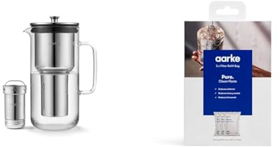 Aarke Purifier, Water Filter Jug in Glass and Stainless Steel, 2.4L / 10 Cups & 3-Pack Pure Filter Refill Bags – Reducing Chlorine, Heavy Metals and Limescale