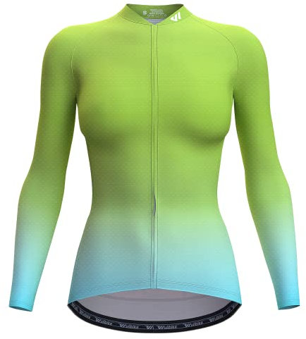 Wulibike Radtrikot Damen Langarm,Fahrradtrikot Damen Rennrad Trikot Fahrrad Shirt Reflektierende Schnell Trocknend Atmungsaktiv Top Mit RüCkentaschen Grün L