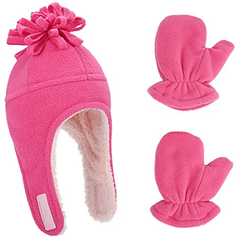 LACOFIA Cappellini Beanie e Manopole Caldo Pile per Neonata Berretto da Pilota Invernale con Paraorecchie e Guanto da Bambina Rosa Rosso 0-18 Mesi