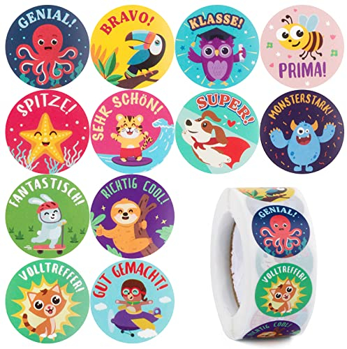500 Stk 12 Muster Deutsch Motivationsaufkleber für Kinder Selbstklebende Belohnungsaufkleber Grundschule Tiere Belohnungssticker Lob Sticker Motivation Aufkleber für Lehrer Eltern Belobigung Schüler