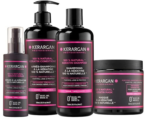 Kerargan - Ensemble Ultra Réparateur Shampoing, Après-shampoing, Masque & Sérum à la Kératine pour Cheveux Abîmés et Stressés - Revitalise & Protège - Sans Sulfate, OGM, Silicone - 3x500 ml + 100 ml