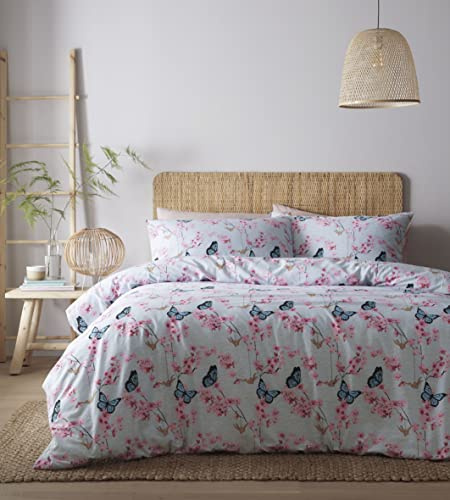 Portfolio Butterfly Garden Bedding Duvet Cover Set with Pillowcases Contemporary Blue and Pink Floral Soft on Skin Fully Machine Washable Easy Care Tumble Dry Bed Cover (King)