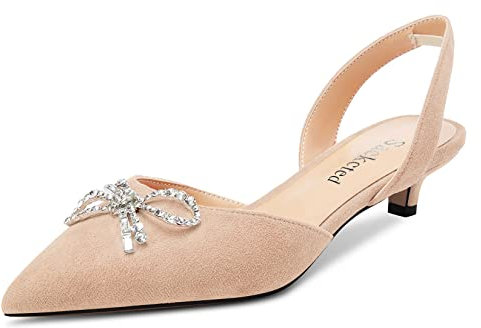 Saekcted Womens Low Kitten Heel Pointed Toe Sandals Slingback Slip-on Pumps Court Shoe Rhinestone Crystal Bow-Knot Dress Shoes Beige 6 UK
