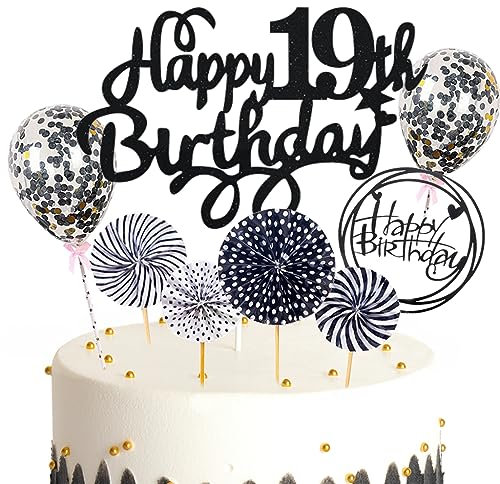 Feelairy Tortendeko 19. Geburtstag Mädchen Jungen, Schwarz Kuchen Deko 19. Geburtstag Mädchen Jungen Cake Topper Happy Birthday Ballon Konfetti für Geburtstagstorte Deko 19 Jahre Kinder