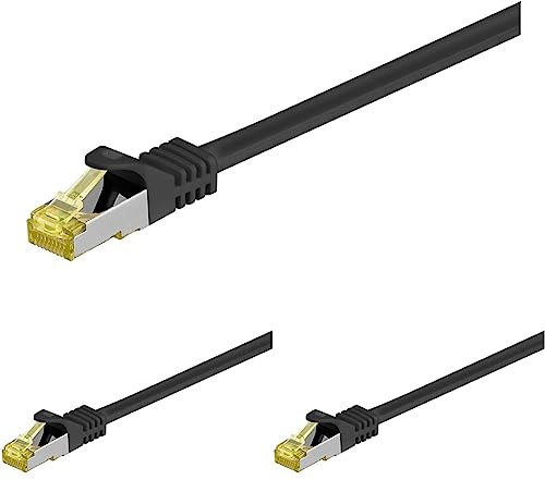 goobay 92649 RJ45 Patchkabel mit CAT 7 Rohkabel, doppelt geschirmt, S-FTP bis 600 Mhz, halogenfrei, Kupfer Kabel Stecker, vergoldete Kontakte, 1m, Schwarz (Packung mit 3)