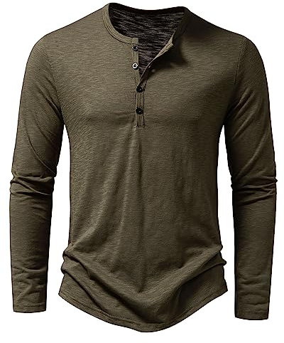 Men's Casual Grandad Collar Henley T Shirt Muscle Fit Summer Smart Long Sleeve 4 Buttons Tee Slim Fitted Collarless Polo T-Shirts Tops-Z-Army Green-XXL