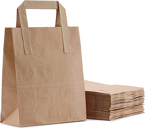 ezkart Multipack Brown SOS Kraft Paper Bags with Handles Ideal for Party, Weddings, Lunch, Christmas, Sweet, Kraft Paper Bags, Food Gift Bags, Takeaway & Grocery (100, Small-18x22x9cm)