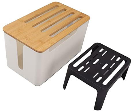 Tissting Kabelmanagement Box mit Holz Deckel, 28 x 18 x 17cm Rechteckige Weiß Kunststoff Kabelbox Schreibtisch Kabel Router Organizer Kabelkasten für Verstecken TV Computer Steckdosen