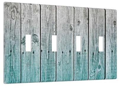 Rustic Teal Blue Wood Plank 4 Gang Light Switch Cover Decorative Quad Toggle Outlet Wall Plate Decorative Electrical Face Plate Dimmer