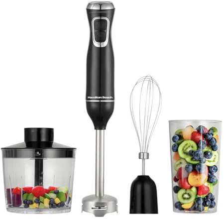 Hamilton Beach Hand Blender, 4-in-1 Immersion Blender Handheld Electric with Stainless Steel Blade, 600W, Versatile Functionality, Turbo Boost, Ergonomic Design, 4 Attachments, Black - HB5023-GS