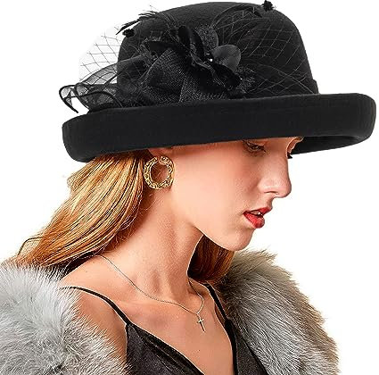 Mawjom Frauen Bowler Derby Fedora Hut Warme England Cap Jazz Hut mit Blume Feder für Party Hochzeit