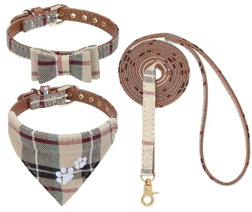 EXPAWLORER Stickerei Hundehalsband mit Leine - Verstellbarer Hundehalsband und Leine Set, weicher schöner Hundehalsband mit Tuch und Schleife, modernes Design ideal für Katzen und Hunde, Braun M