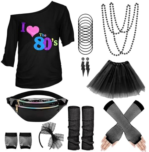 Hehiy 90er 80er Jahre Outfit Damen Netzoberteil Accessoire Off Shoulder shirt 80erJahre Kleidung 80iger Schlagerparty Bad Taste Frauen Neon Party KostüM üBergrößE Damen FasnachtskostüMe Damen Sexy