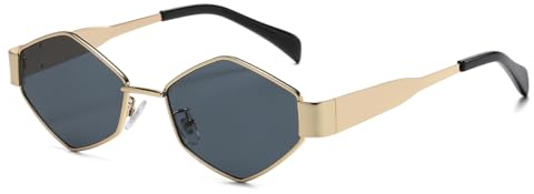 Long Keeper Sonnenbrille Hexagonal Damen Herren Mode Polygon Sonnenbrille Damen Vintage Sechseckige Sonnenbrille Gold Metallrahmen UV400, 56MM