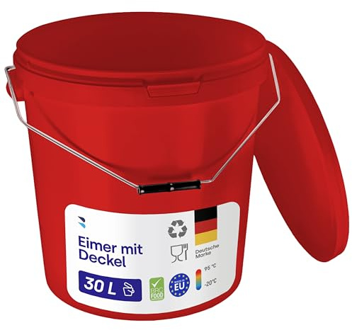 BenBow Eimer mit Deckel 30l rot 100x 30 Liter - lebensmittelecht stabil luftdicht auslaufsicher geruchsneutral - Aufbewahrungsbehälter aus Kunststoff - Metalgriff - Rissfester Griff - leer - das Haus