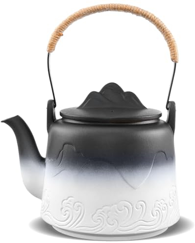 ZENS Design Japanische Teekanne, 1000ml Gradienten Geprägtem Japanische Teekanne mit Eingebautes Sieb und Hanfseilgriff für Grüner Losen Tee Stepper, Geschenk für Teeliebhaber, Schwarz & Weiß
