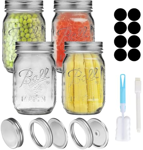 Gebiuhoo Bocaux Mason 500 ML avec Couvercles pour Meal Prep 4 PCS Pots à Confiture en Verre Bocaux de Conservation Alimentaire avec Étiquettes et Brosse Mason Jars pour Milkshake, Jus de Fruits