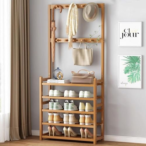 Porte-Manteau avec Porte-Chaussures À 5 Niveaux et 10 Crochets Banc Porte-Chaussures D’Arbre D’entrée 3 en 1 avec Étagères Porte-Manteau D’entrée avec Cadre en Bois pour Entrée Couloir Chambre