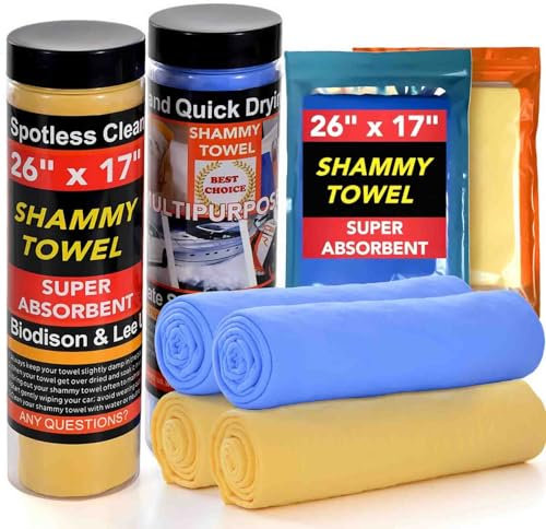 Premium Shammy Cloth for Car Drying - 4pk Bagged(26”x17”) - Super Absorbent Synthetic Chamois Towel for Car - Reusable Car Drying Shammy - Scratch-Free Car Drying Towel(2 Blue & 2 Yellow)