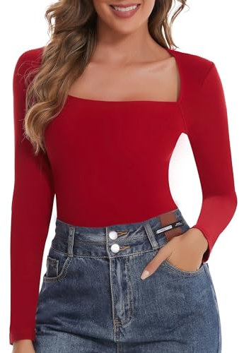 SHAPERIN Women’s Long Sleeve Tops Square Neck Top Plain Casual Shirts Base Layer Ribbed Tee Red 1# M