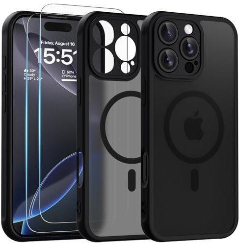Yohii Cover Magnetica per iPhone 16 Pro Max e Protezione Fotocamera con 2 Pezzi Vetro Temperato, [Compatibile con MagSafe] Custodia Traslucida Opaca Posteriore Antiurto Sottile Protettiva Case, Nero