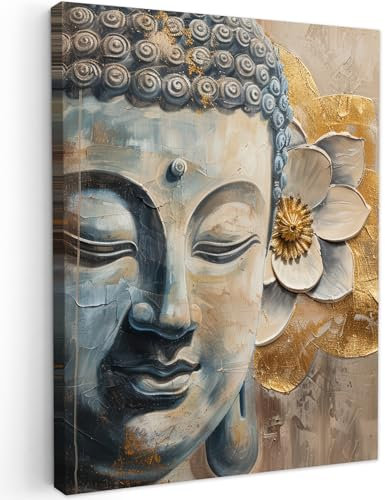 MuchoWow© Leinwand 60x80 cm Deko Schlafzimmer Aesthetic Leinwandbilder Wohnzimmer Gemälde Foto Geschenk Living Room Decoration Buddha - Zen - Blume - Gold - Beige - Kunst