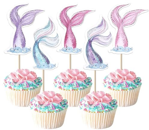 Xsstarmi 40 Pack Mermaid Tail Cupcake Toppers Mermaid Tail Cake Decorations Under the Sea Party Decors Cupcake Picks for Mermaid Theme Baby Shower Birthday Party Decorations