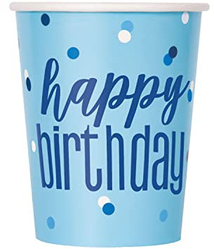 Unique 83598EU - Gobelets en Carton sans Plastique - 266ml - Fête d'Anniversaire à Thème Bleu et Argent Glitz - 8 Pièces (Lot de 1)