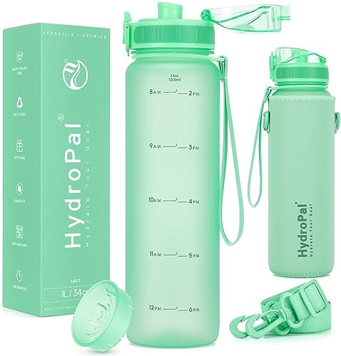 HydroPal 1L Sports Water Bottle, Slim Plastic Drink Bottle with Filter/No-Sweat Sleeve, Leakproof, BPA-free, Ideal for Gym, Running, Travel, School, Office, Outdoor Activities