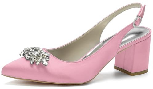 FQMAYPO Per Donna Matrimonio Tacchi a Spillo Punta Chiusa Punta Media Tacco a Blocco Classico Grosso Décolleté da Sposa Raso Strass Scarpe da Sera,Rosa,37 EU